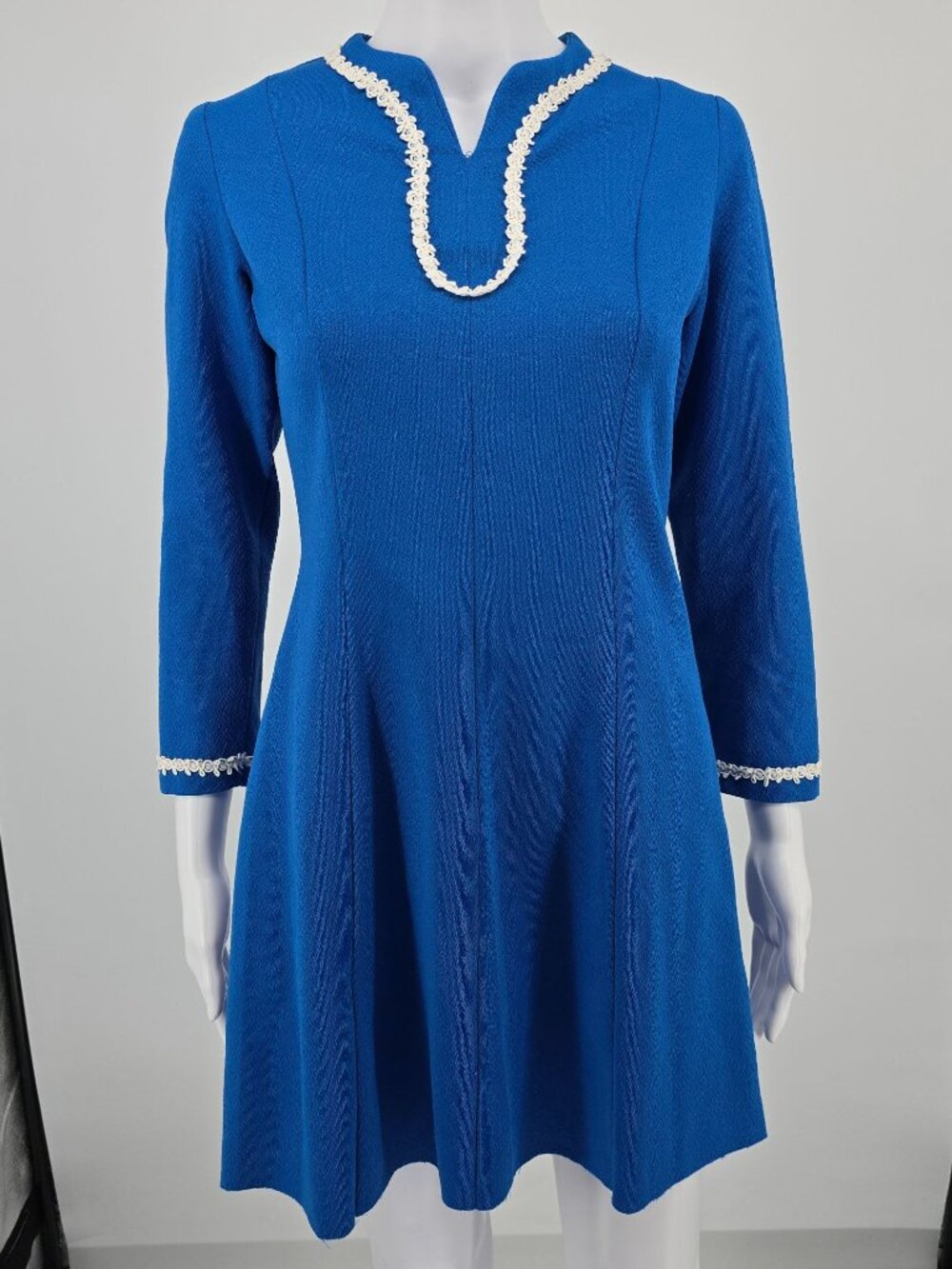 Vintage Early 1970s Flutterbye Royal Blue Knit Mod Skater Mini Dress (S)